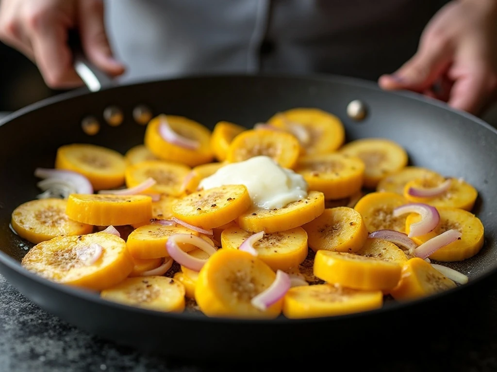 Evenly sliced squash and onions sautéing in a wide skillet