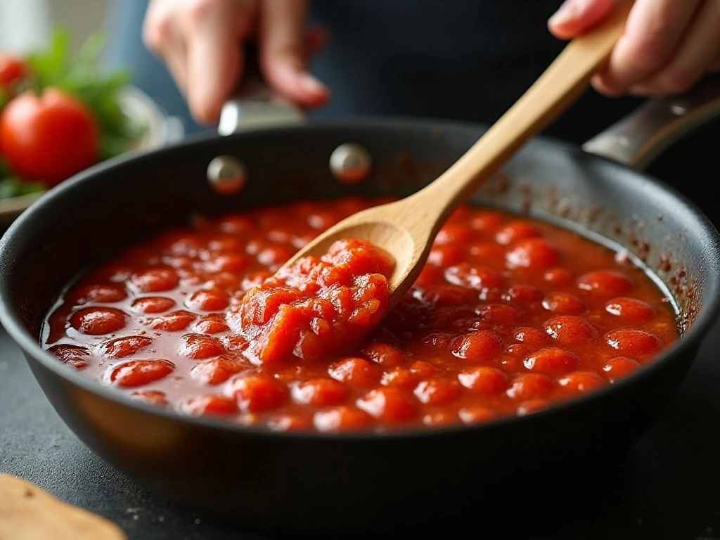 Tomato jam simmering in a wide saucepan
