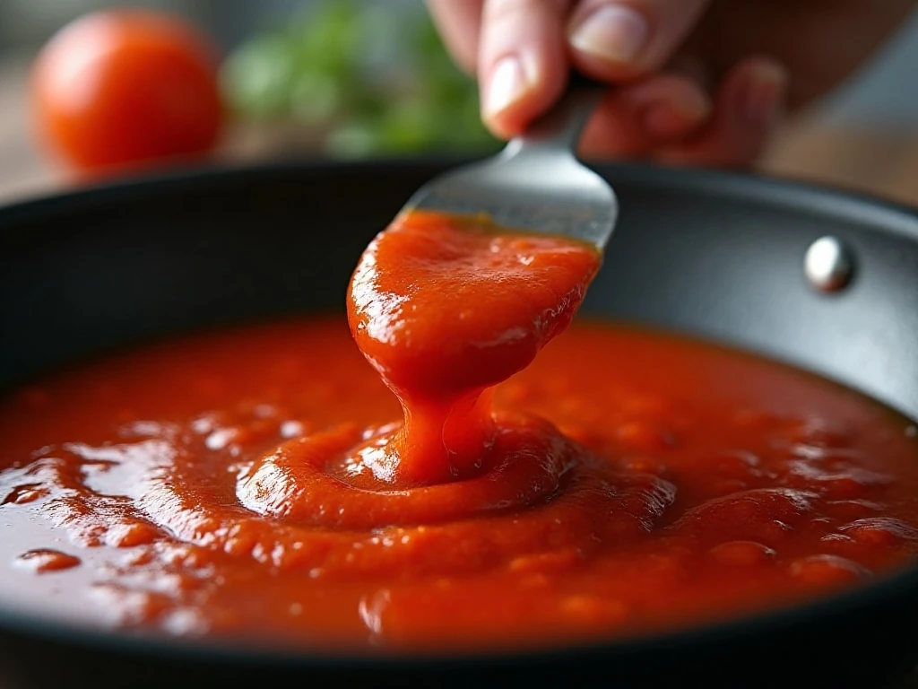 Testing the thick texture of tomato jam in a pan