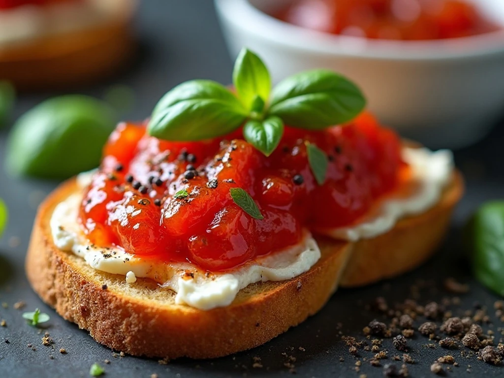Tomato jam toast with goat cheese and basil