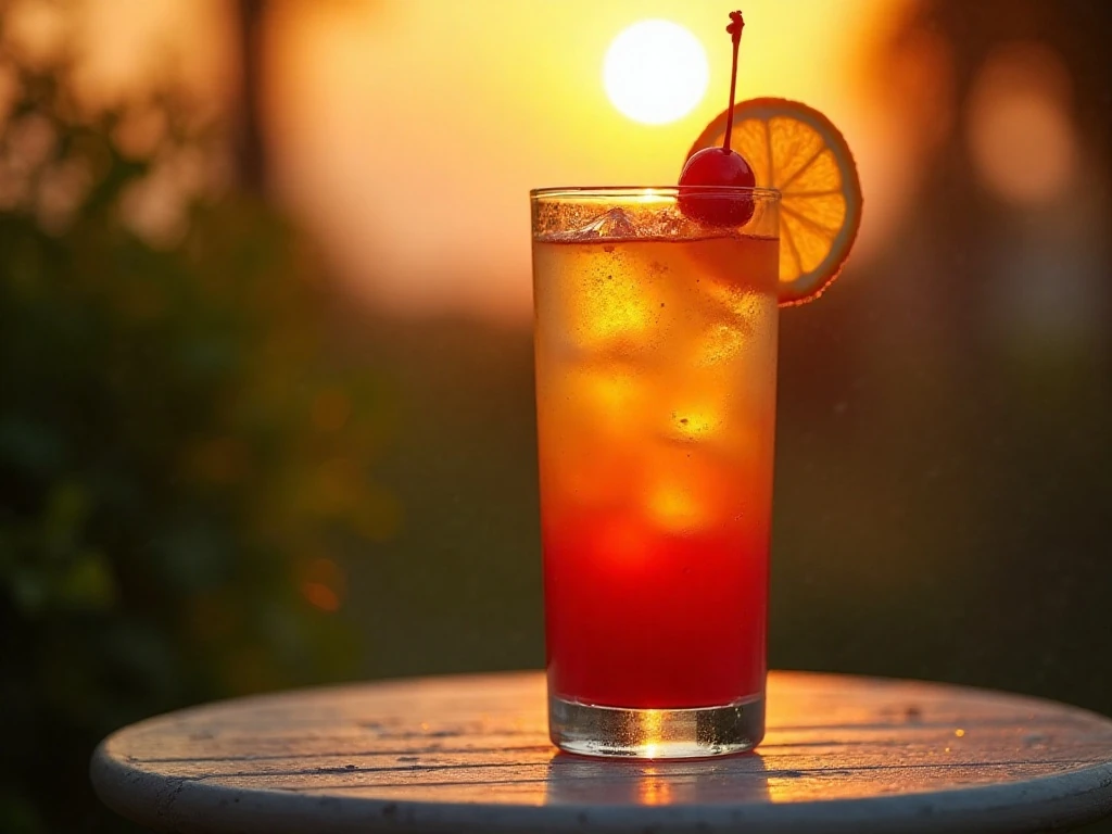 Layered Sunset Cocktail glowing in golden-hour light