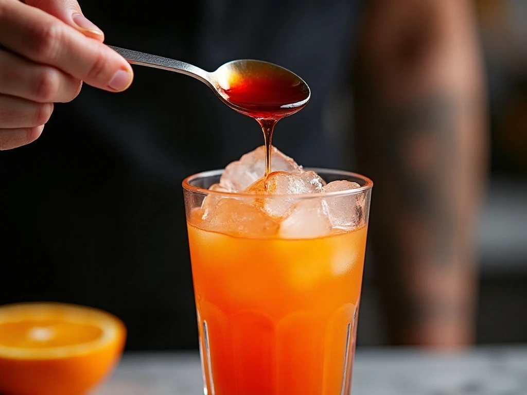 Slowly adding grenadine to create the Sunset Cocktail layers