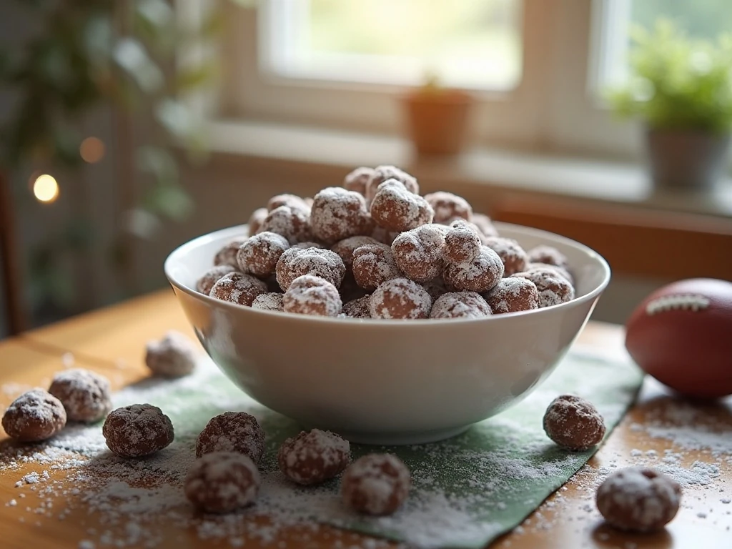 Bowl of chocolate peanut butter Muddy Buddies ready for a Super Bowl party