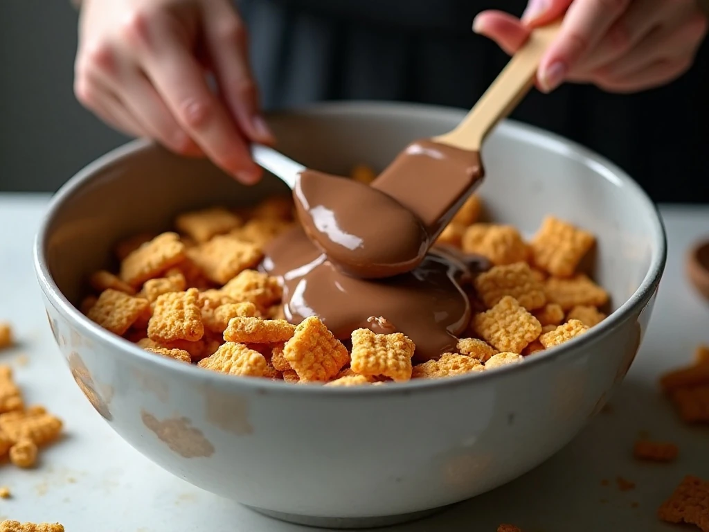 Folding chocolate coating through Chex cereal for Muddy Buddies