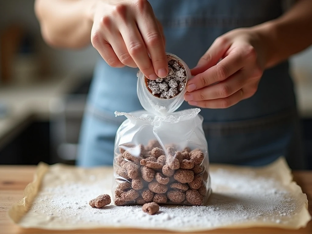 Shaking powdered sugar over chocolate-coated cereal