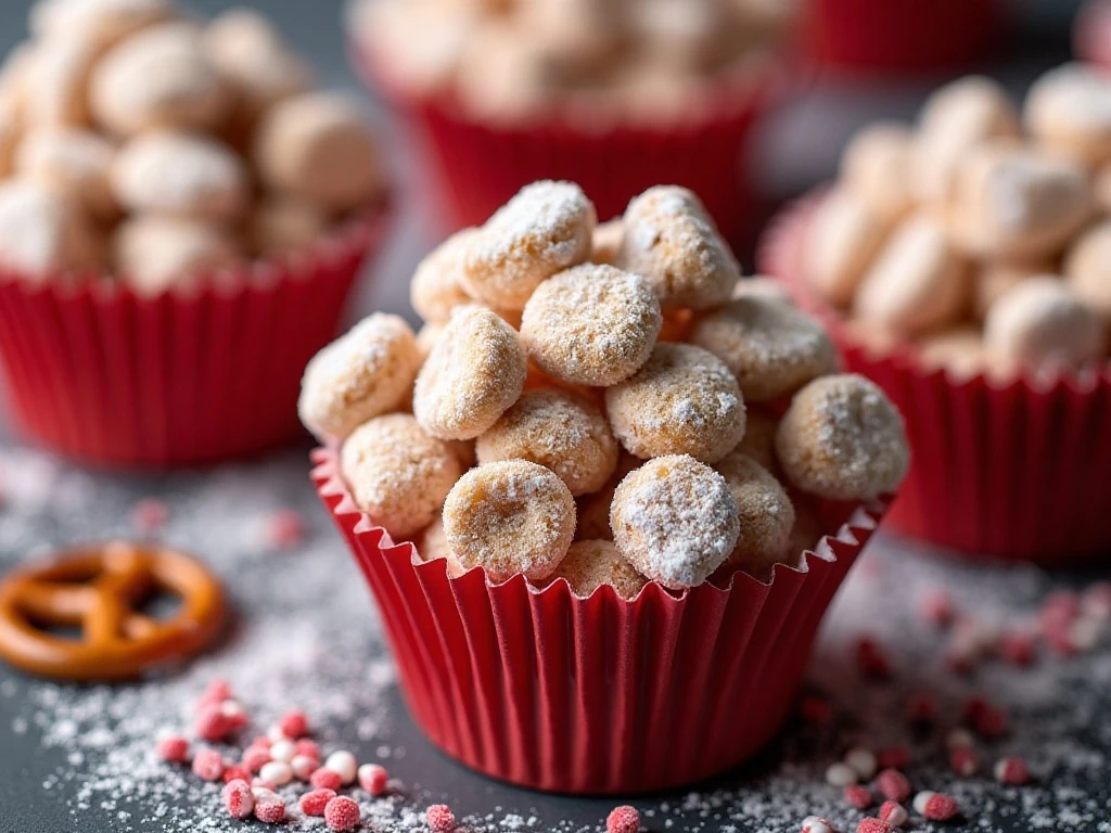 Individual servings of powdered sugar Muddy Buddies for a party