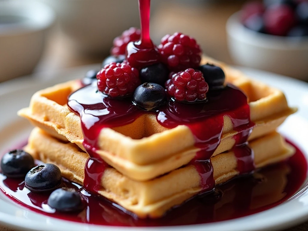Mixed berry sauce served over golden waffles