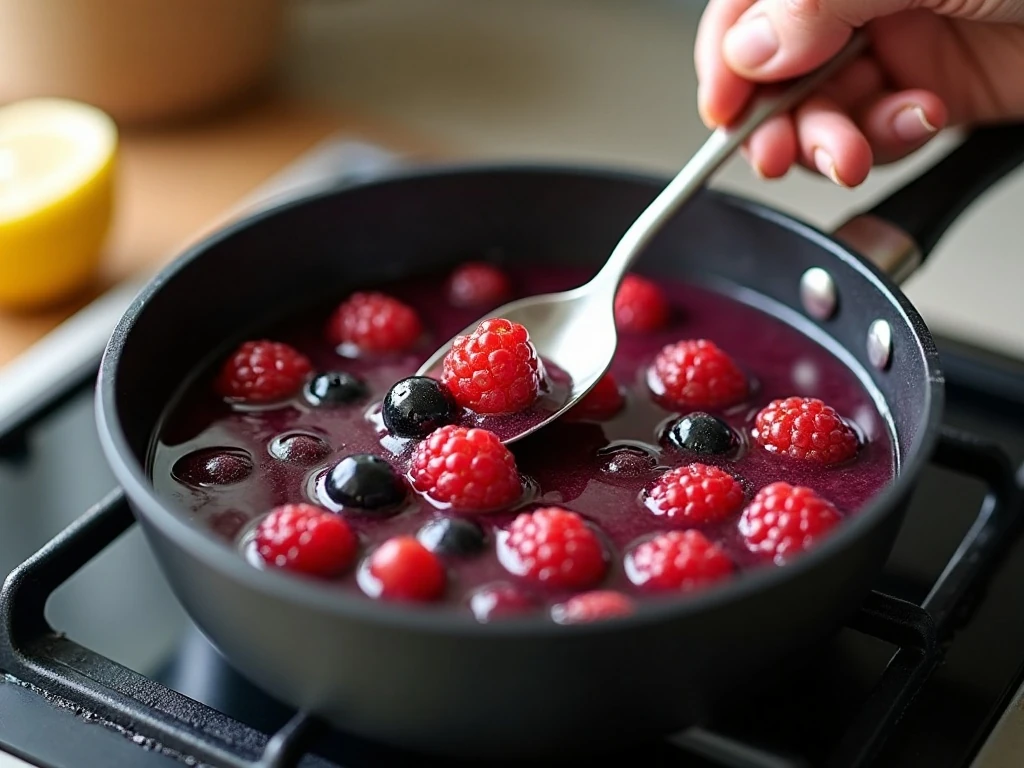 Berries cooking in a saucepan for berry sauce