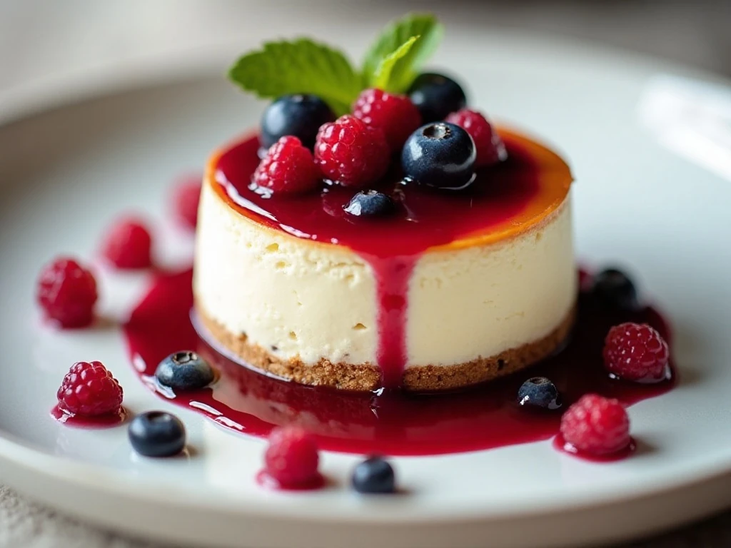 Berry sauce spooned over cheesecake