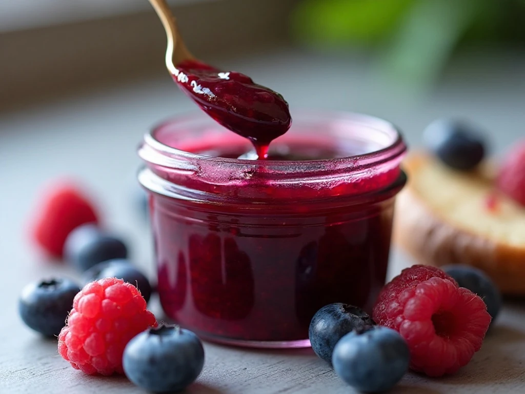 Stored homemade berry sauce in a glass jar