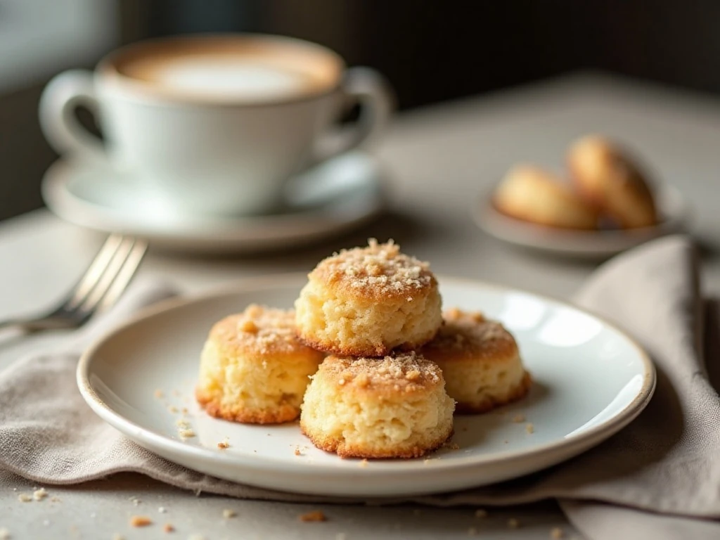 Golden coconut macaroons arranged on a dessert plate