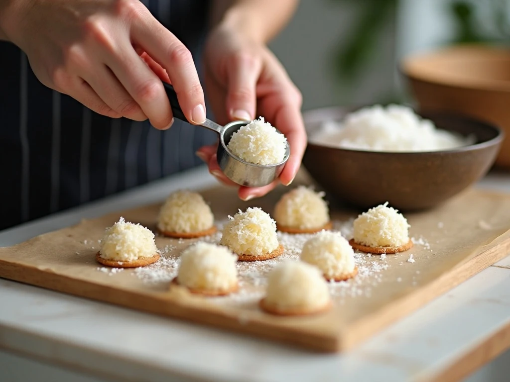 Scooping coconut macaroon mixture onto a baking sheet