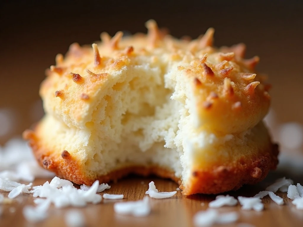 Close-up showing the chewy center and golden edges of a coconut macaroon