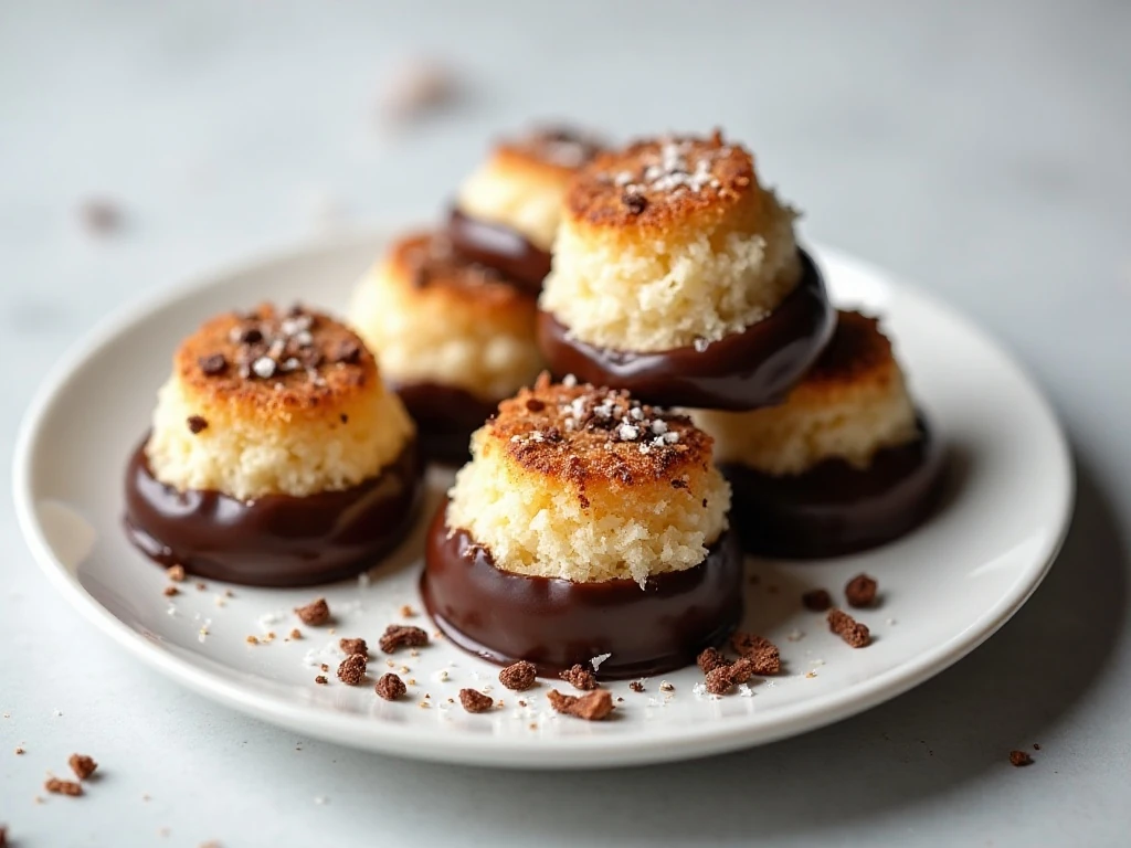Chocolate-dipped coconut macaroons on a serving plate