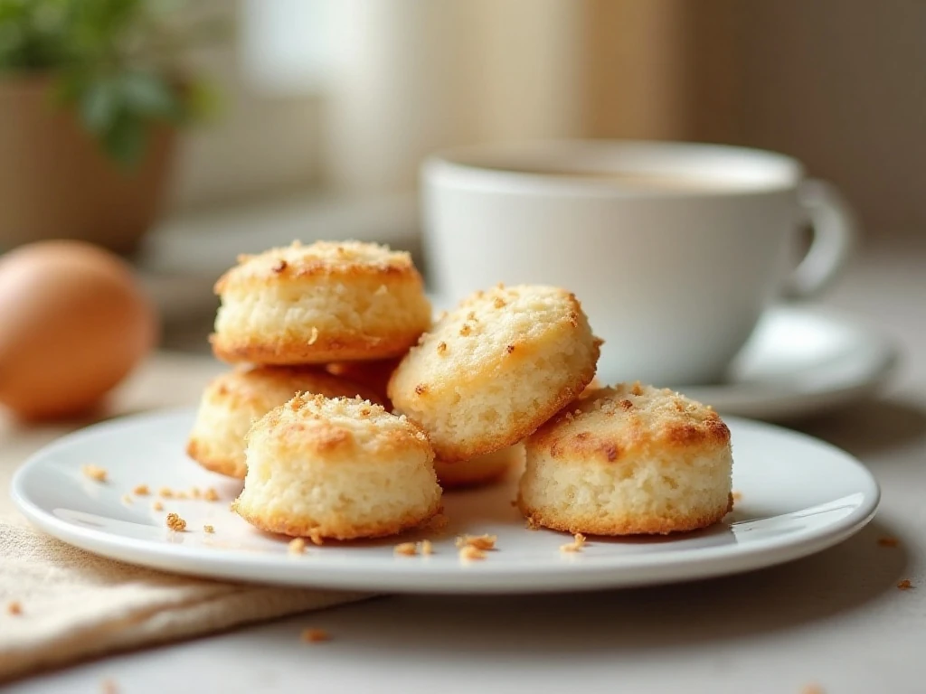 Golden coconut macaroons served with coffee