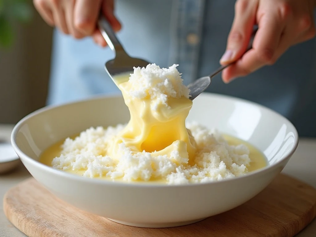 Folding whipped egg whites into coconut macaroon mixture