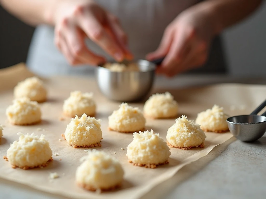 Uniform coconut macaroon portions on a baking sheet
