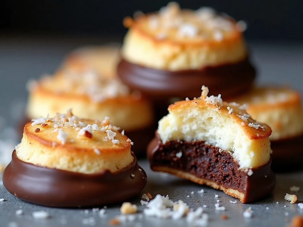 Chocolate-dipped coconut macaroons with chewy centers