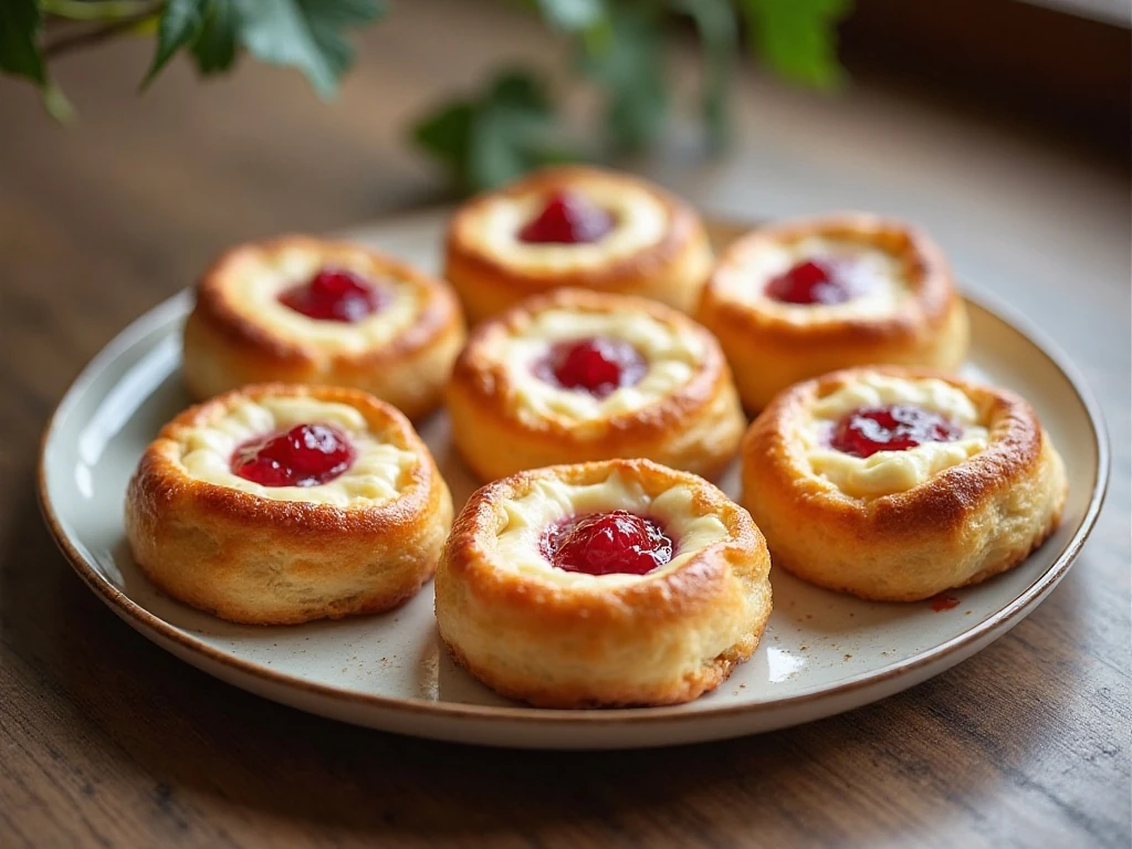 Golden cream cheese Danish pastries with vanilla glaze and raspberry preserves