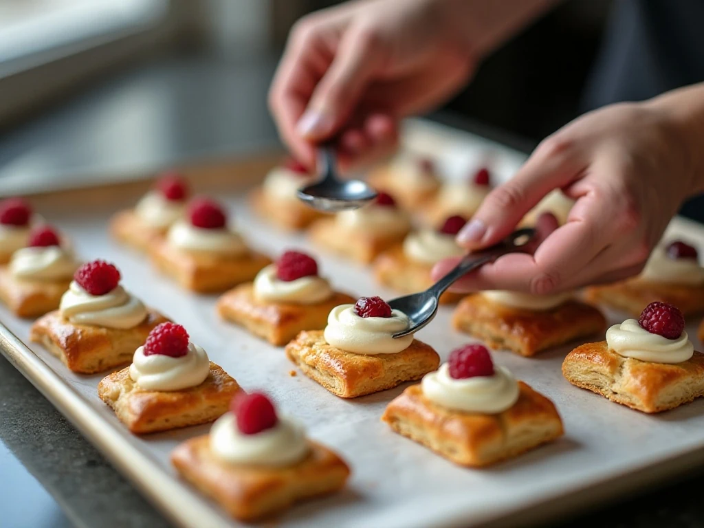 Filling puff pastry squares with cream cheese and preserves