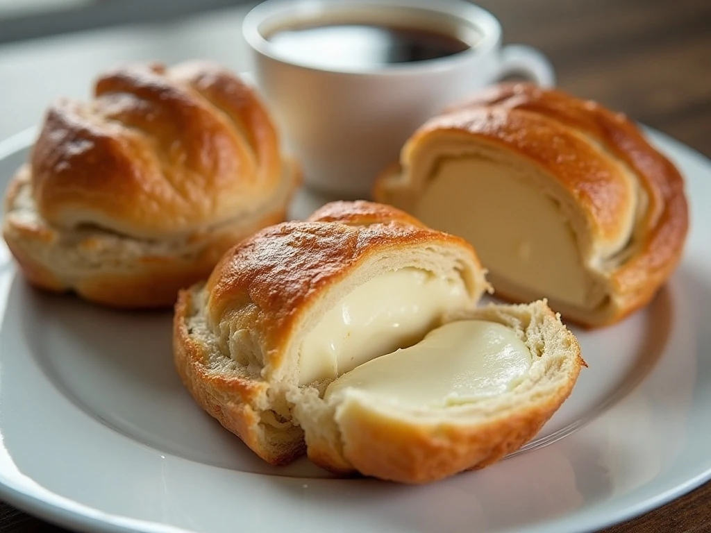 Sliced cream cheese Danish showing flaky pastry and creamy filling