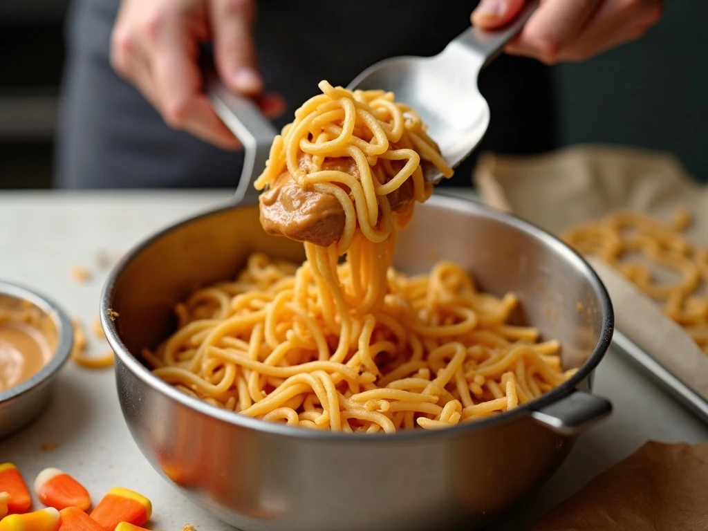 Folding chow mein noodles into peanut butter butterscotch coating