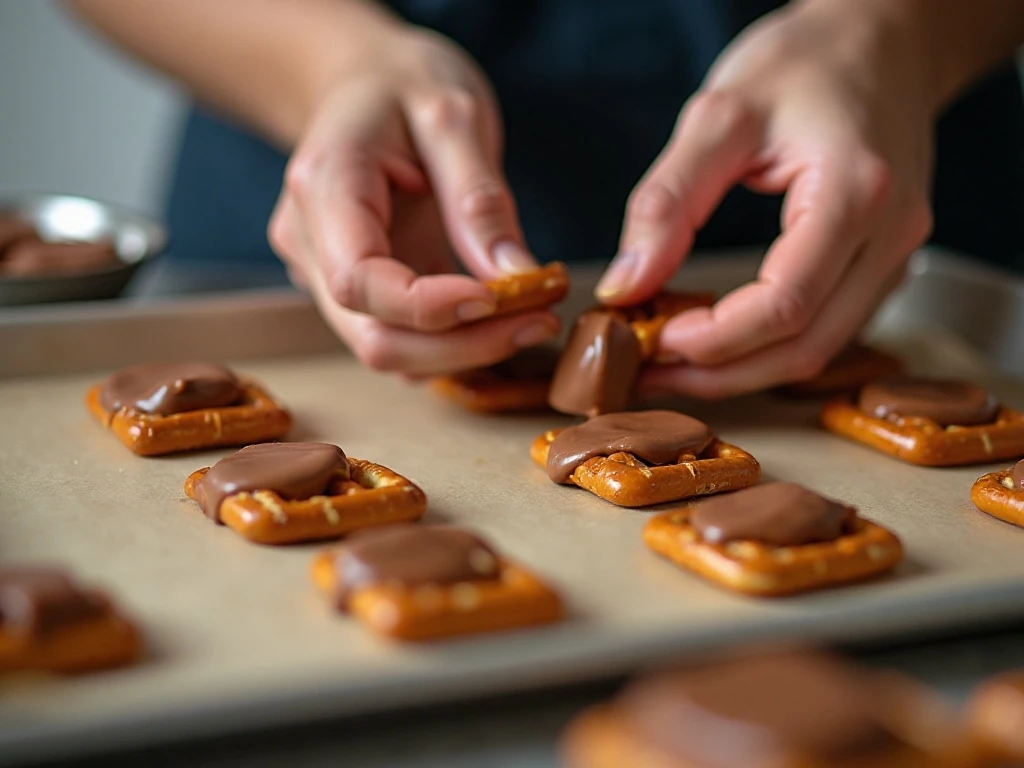 Pretzels topped with softened chocolate candies before adding candy corn