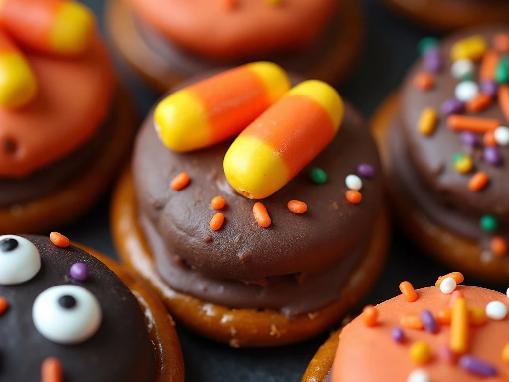 Halloween pretzel bites with candy corn, candy eyes, sprinkles, and colorful candy toppings