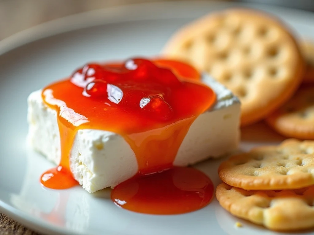 Hot pepper jelly served over cream cheese with crackers