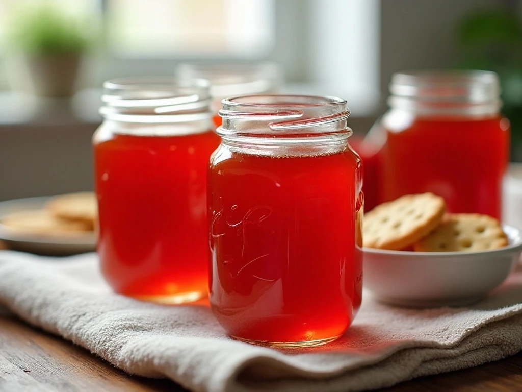 Canned jars of hot pepper jelly cooling after processing