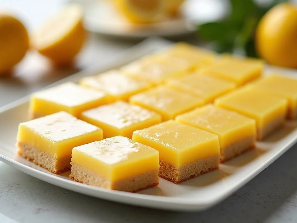 A platter of homemade lemon bars with buttery crust and bright lemon filling