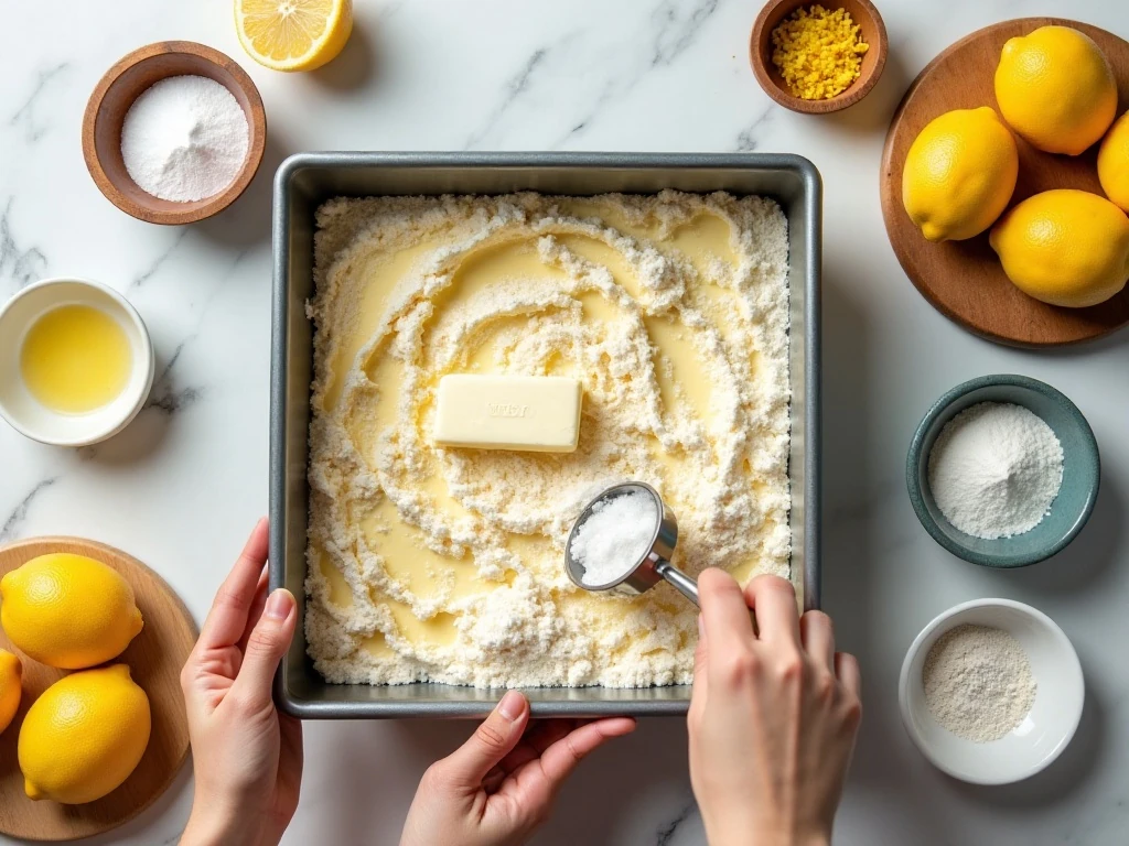 Ingredients for easy lemon bars arranged for baking