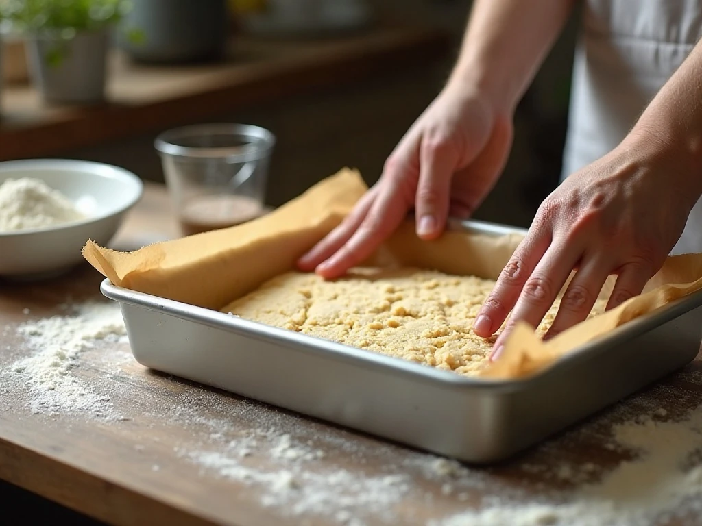 Pressing shortbread dough into a pan for lemon bars