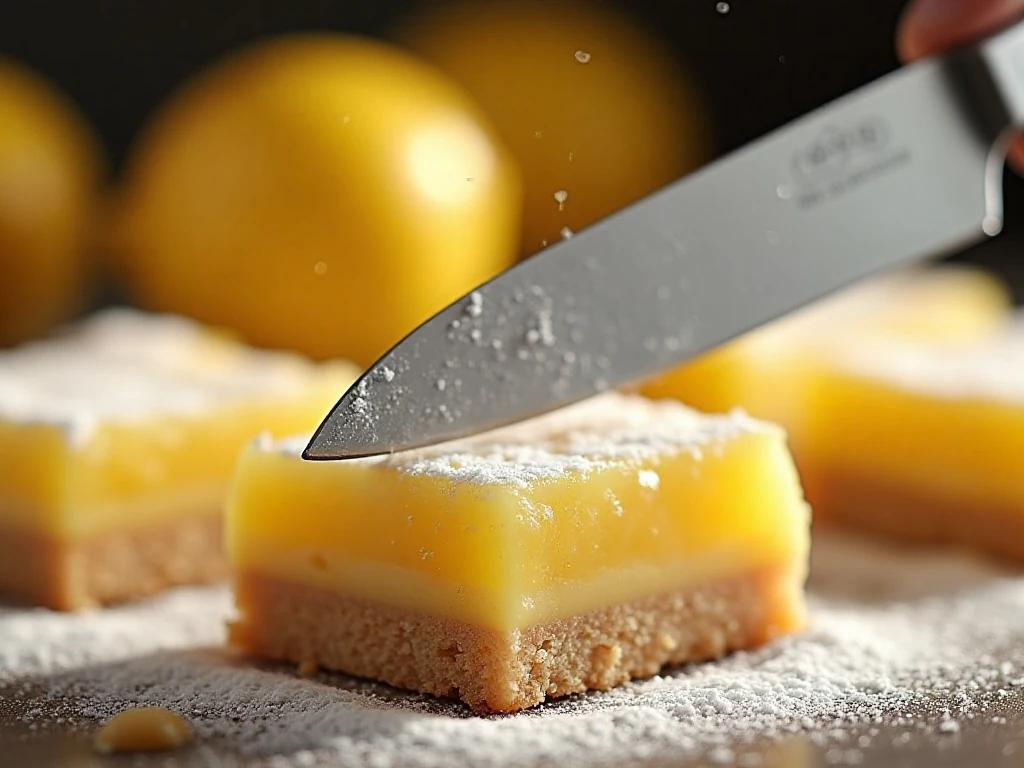 Cleanly sliced lemon bars dusted with confectioners’ sugar