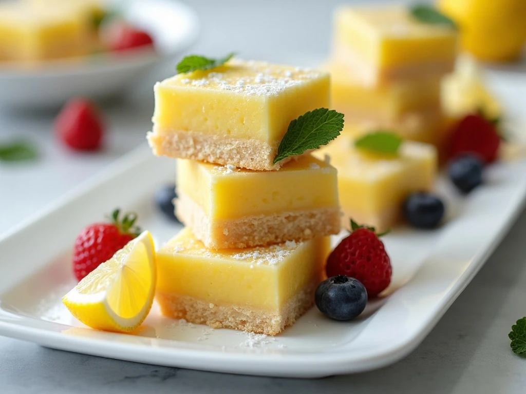 Lemon bars served with lemon slices, berries, and mint