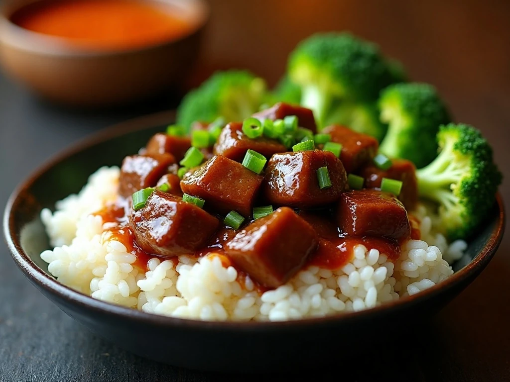 Glossy Mongolian beef served over steamed white rice with green onions