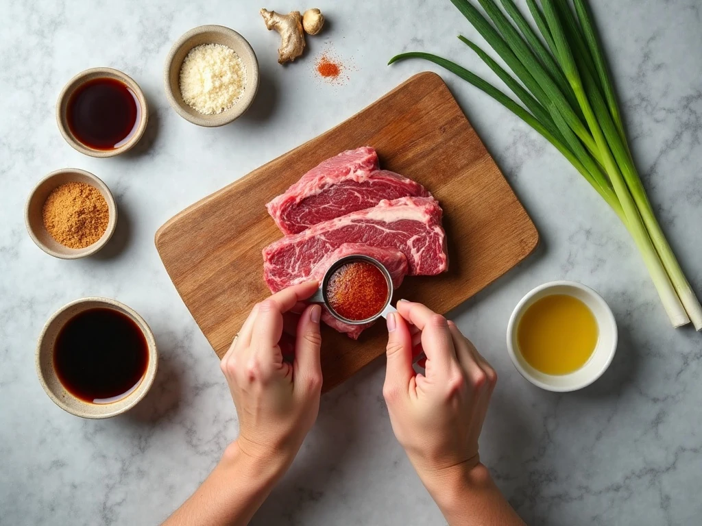 Ingredients for homemade Mongolian beef arranged for cooking