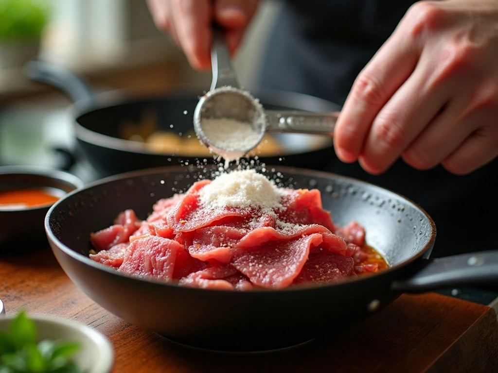 Thinly sliced beef coated with cornstarch before frying