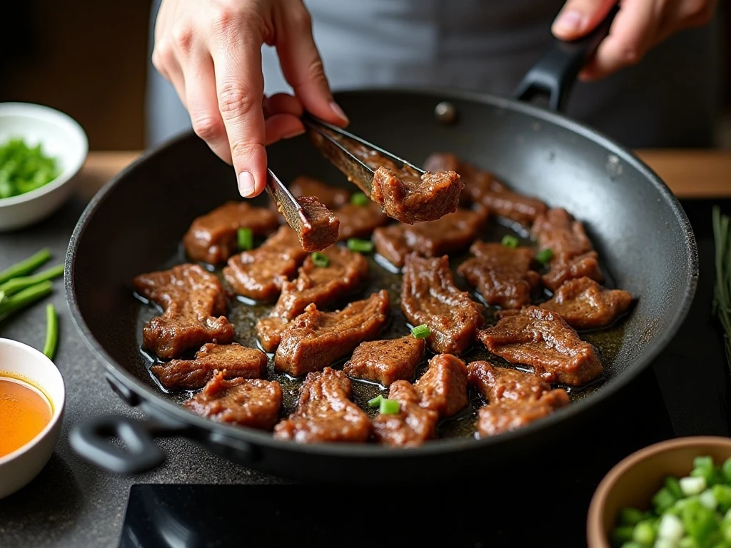 Mongolian beef frying in small batches for a lightly crisp coating