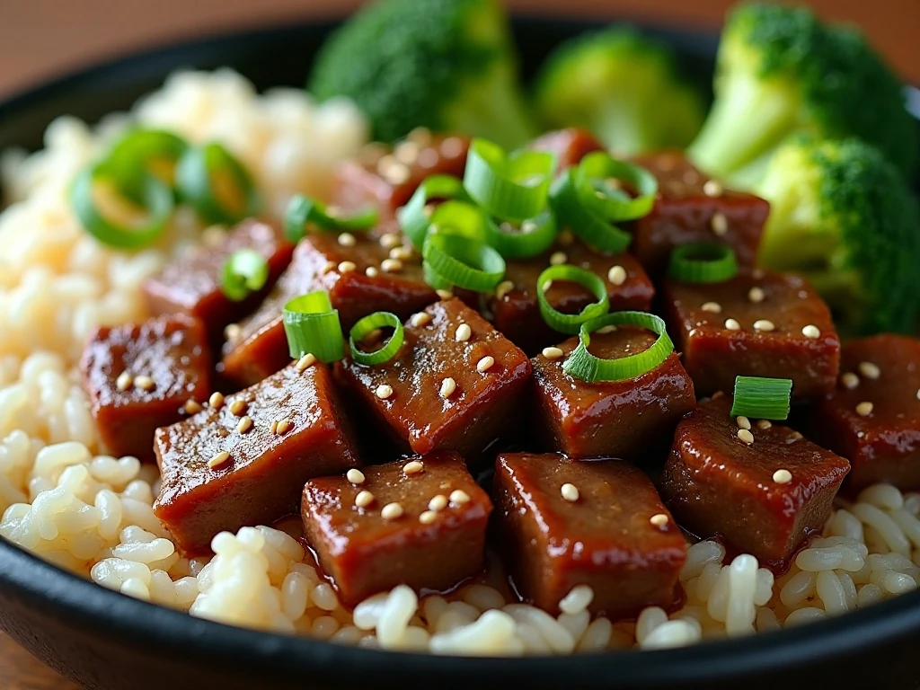 Mongolian beef garnished with green onions and sesame seeds with rice and broccoli