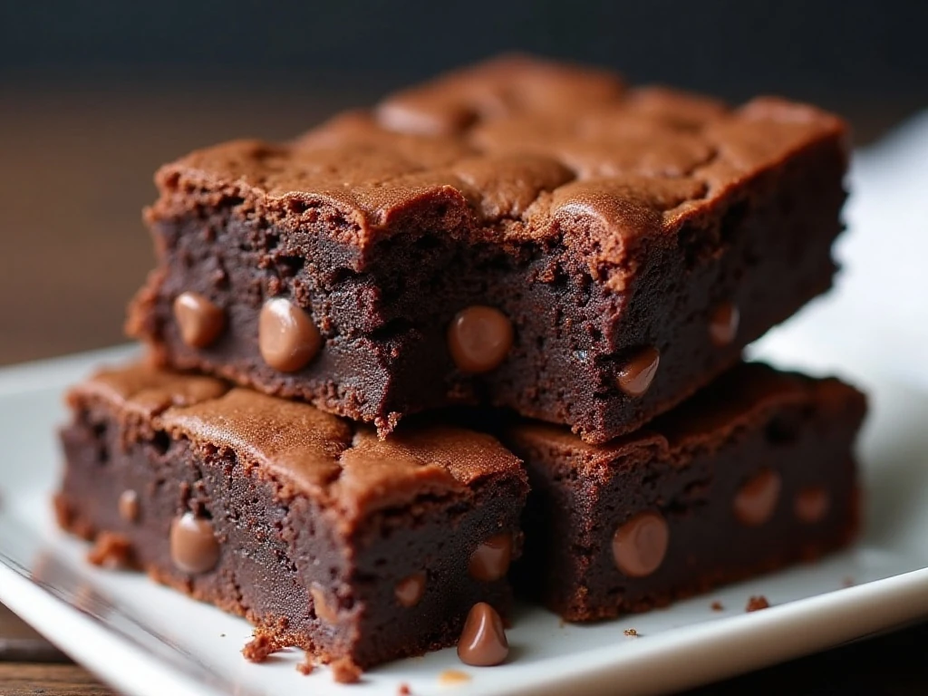 Stack of super fudgy low-carb brownies with moist chocolate centers