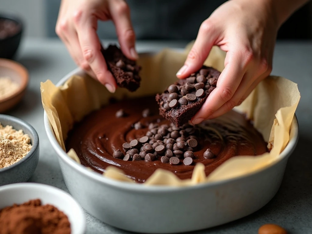 Folding chocolate chips into low-carb brownie batter