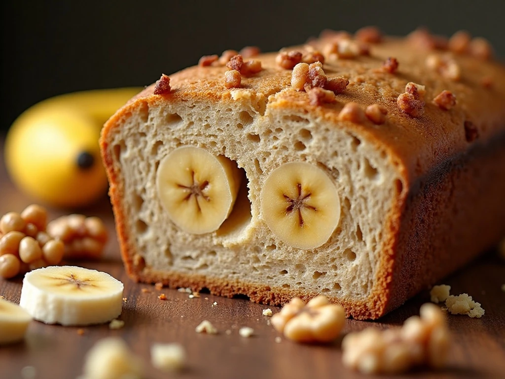 Close-up of moist banana bread crumb with walnuts