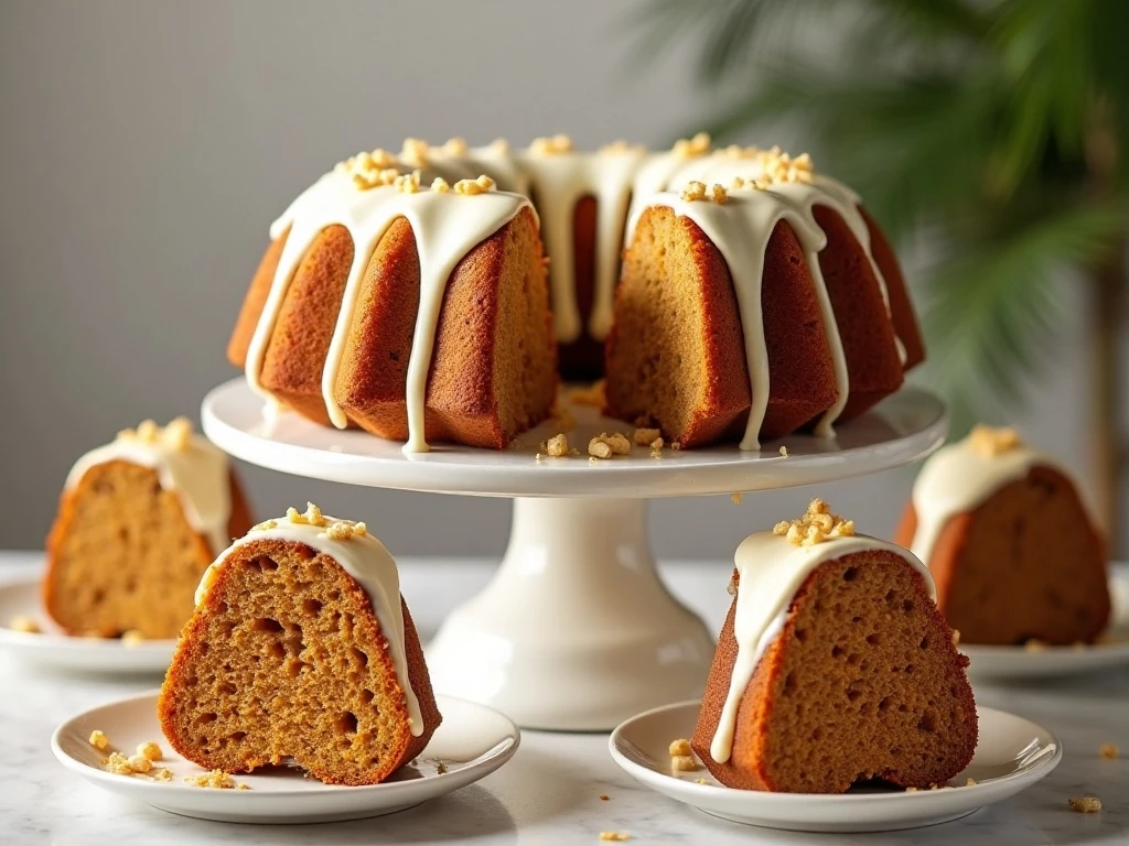 Moist carrot Bundt cake with cream-cheese glaze and sliced interior