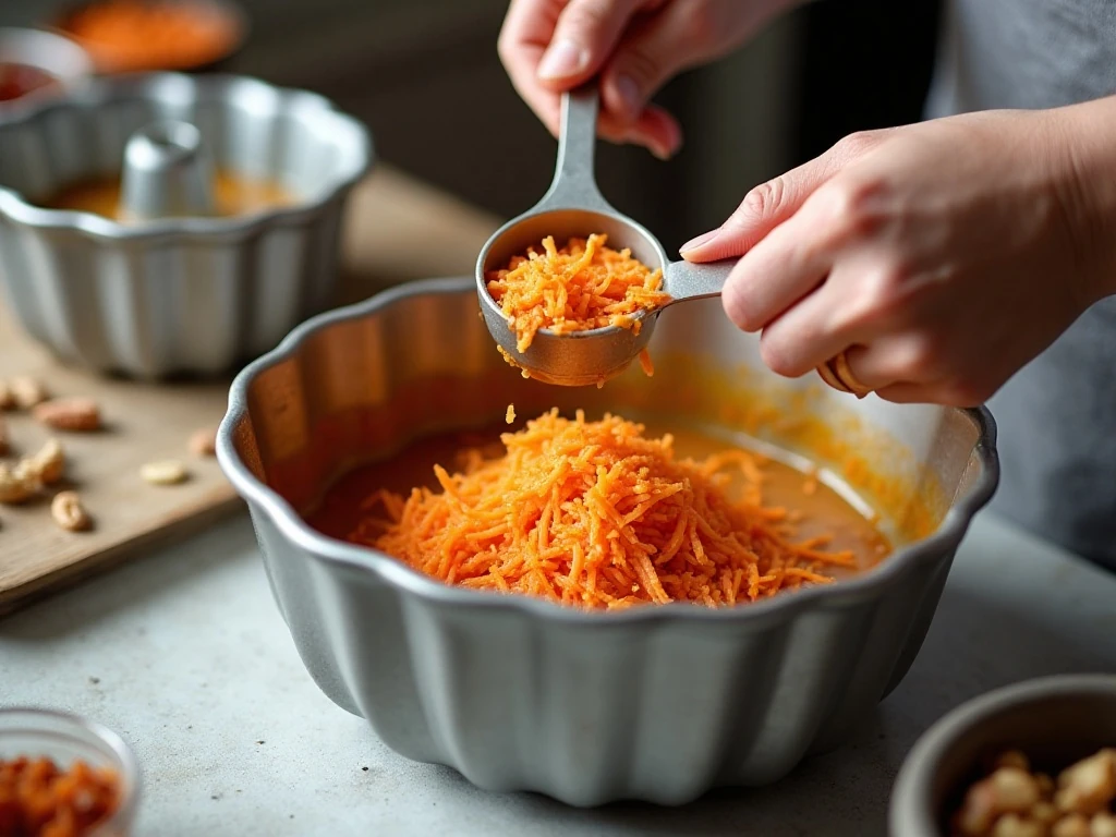 Carrot cake batter being folded before baking in a Bundt pan