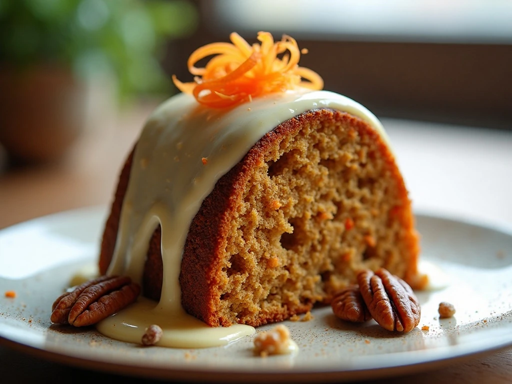 Glazed carrot Bundt cake slice with nuts and tender crumb