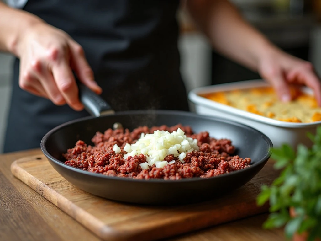Browning ground beef and onion for easy shepherd's pie