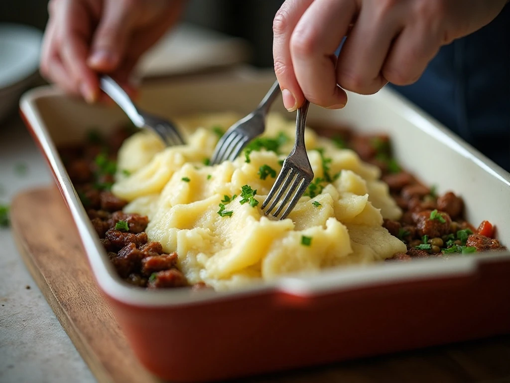 Fork ridges in mashed potato topping before baking shepherd's pie