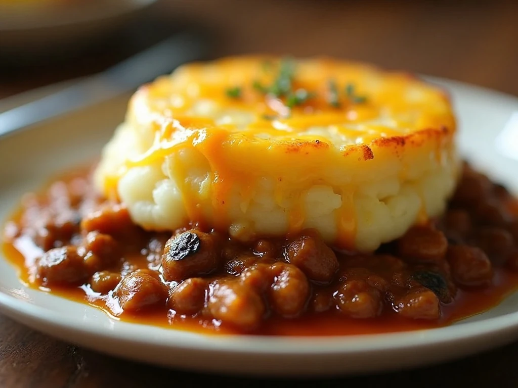 Close-up of leftover shepherd's pie ready to reheat and serve