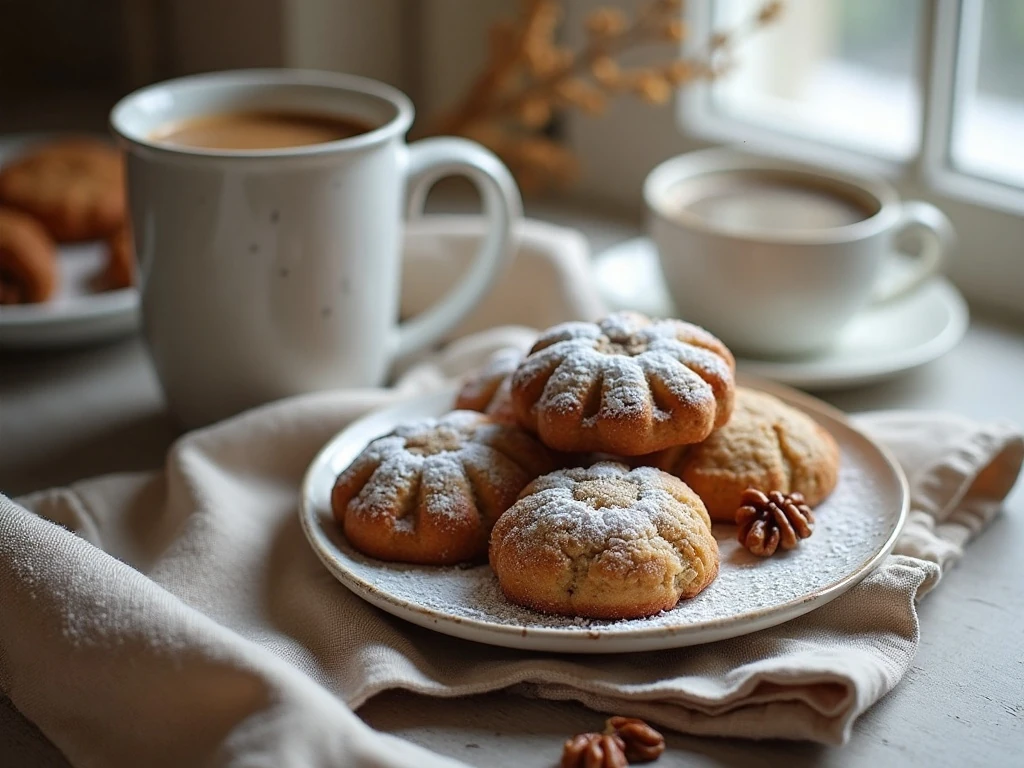 Plate of snowy Swedish heirloom cookies with walnuts served with coffee